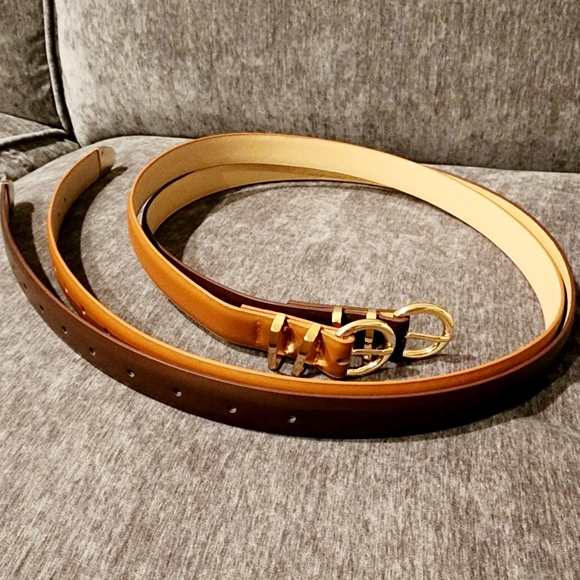 Leather Belts, set of 2 Slim Belts - Brown & Coffee color with Gold Tone… - Picture 4 of 9